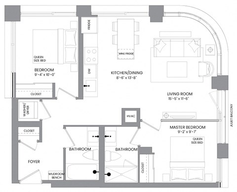 a floor plan of an apartment with a bedroom and a living room